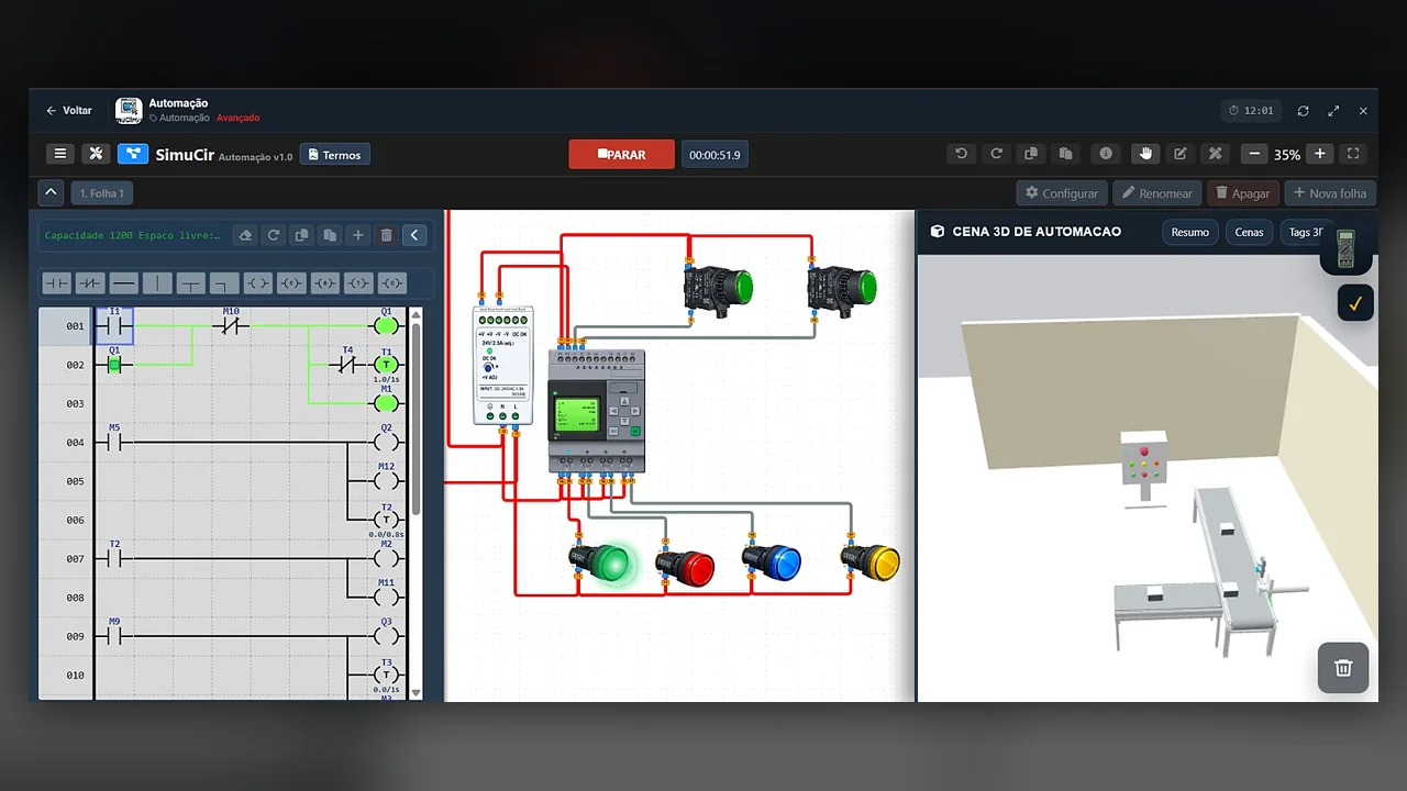 Automação Industrial — Ladder, circuito 2D e cena 3D da automação lado a lado