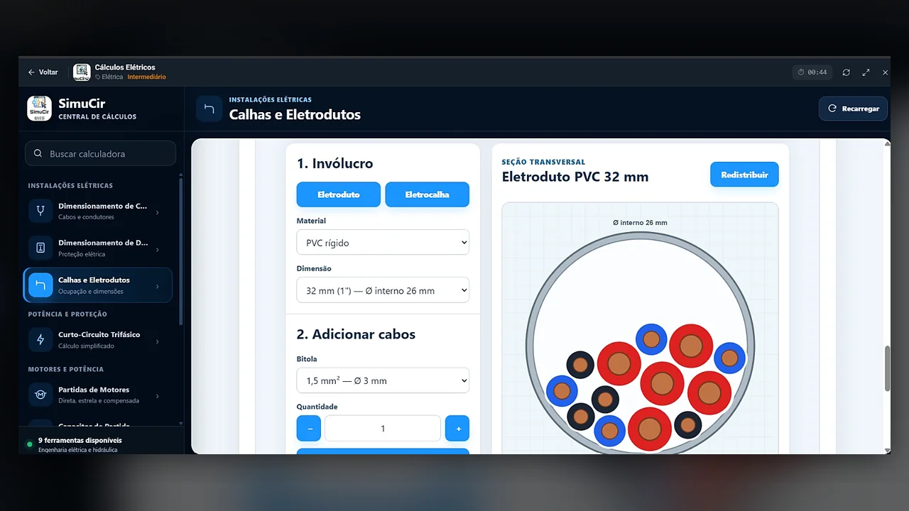 Cálculos Elétricos — Calhas e eletrodutos com ocupação visual