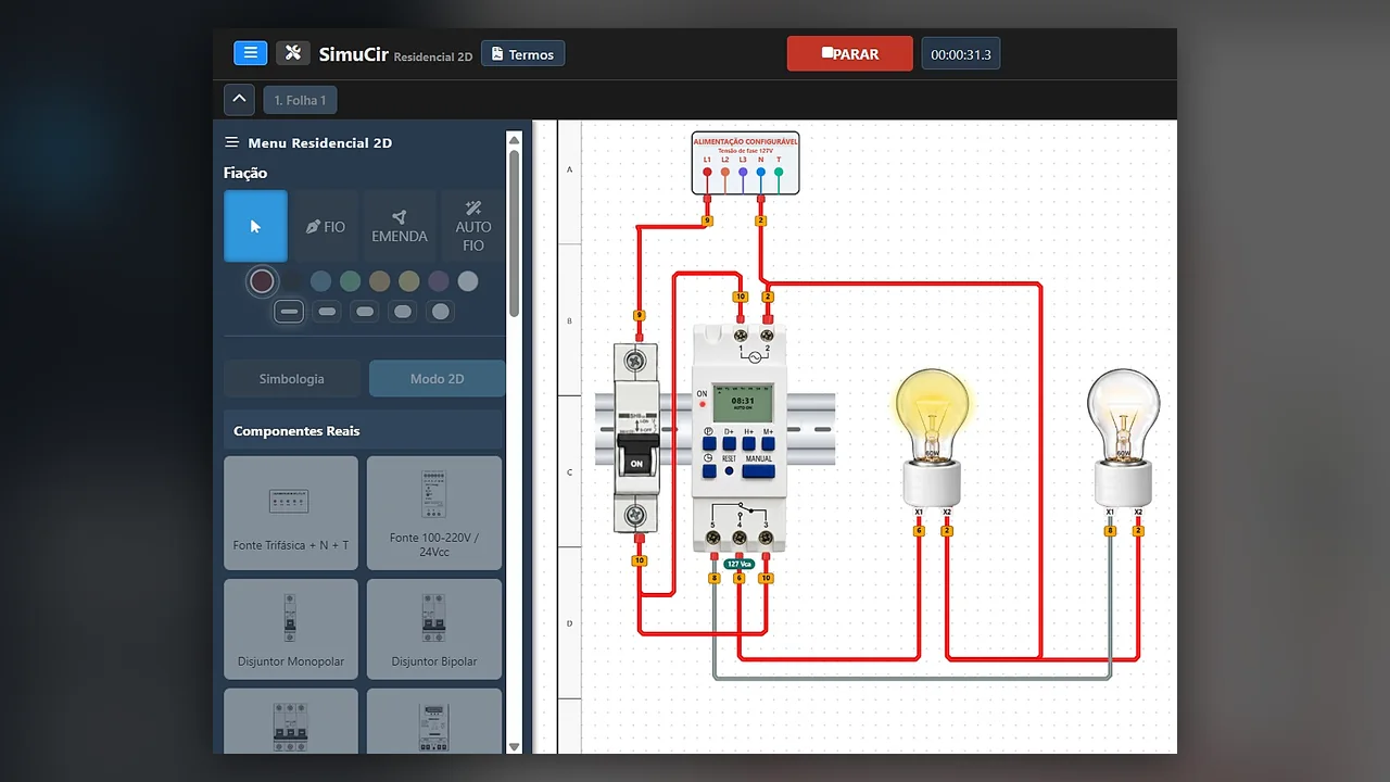 Instalações Residenciais — Quadro com disjuntor, temporizador e lâmpadas em simulação